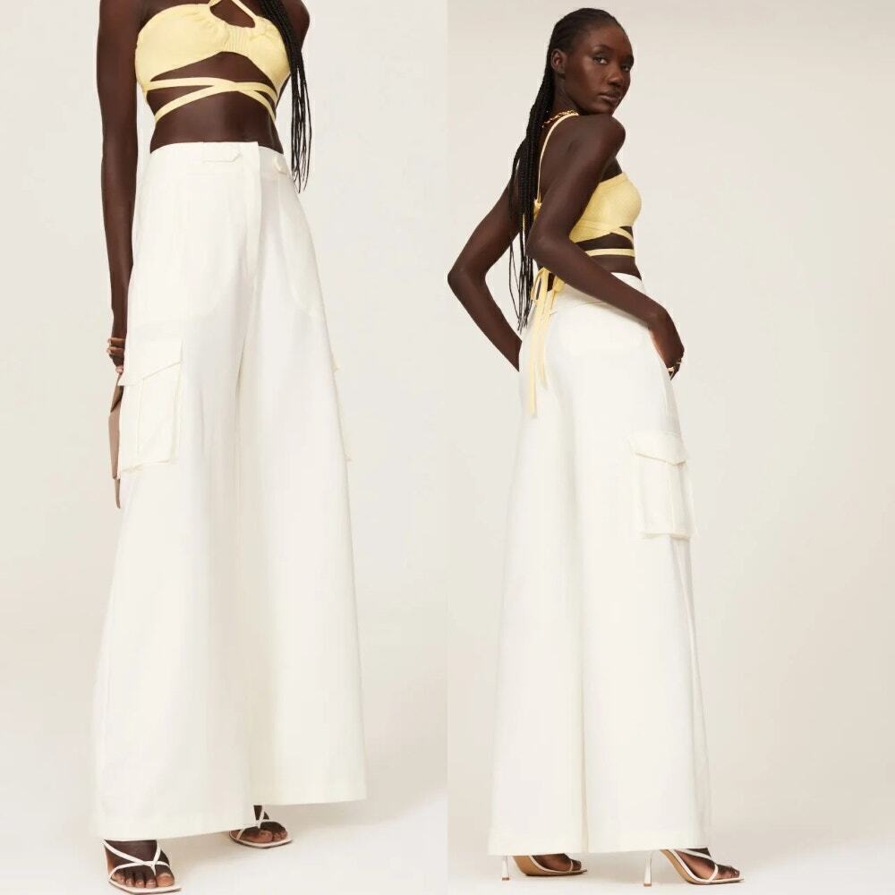 Ronny Kobo White Chuck Pants Cargo Wide Leg‎ Silk Blend High Waist Size XS